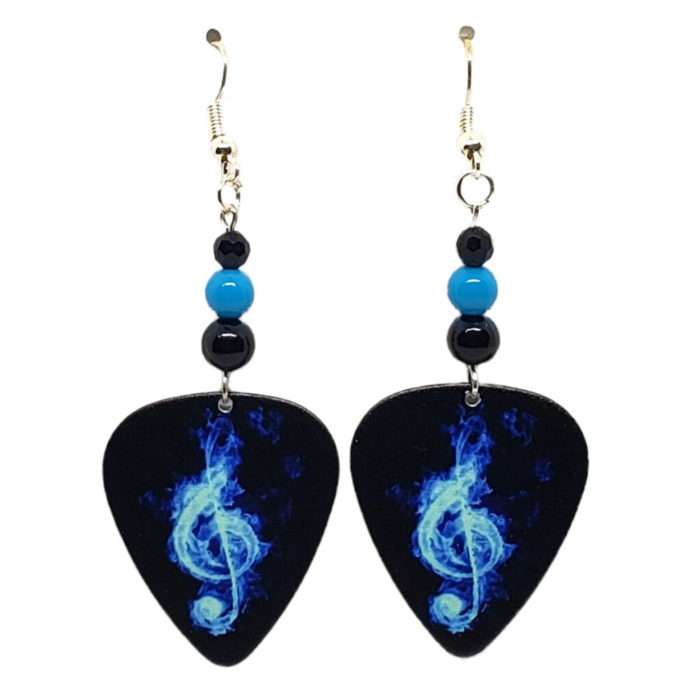 Flaming Blue TREBLE CLEF Guitar Pick Earrings with Beads - Handmade USA Music